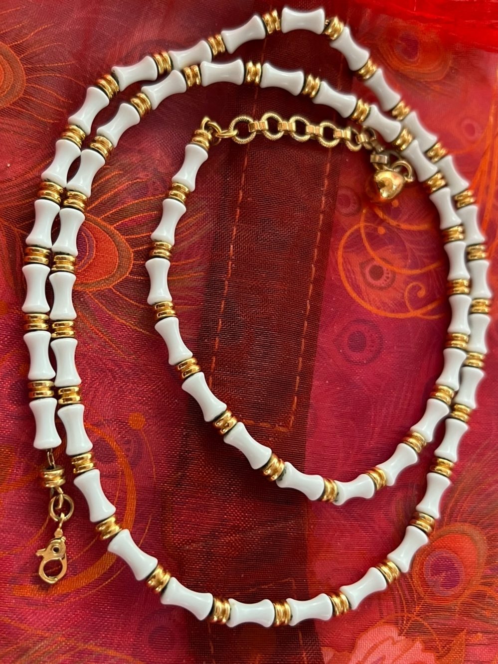 Vintage Monet White Lucite Bamboo Bead Necklace Gold Tone Adjustable